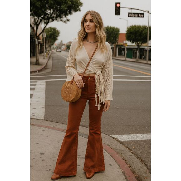 Flare Pants Womens 12 Rust Orange High Rise Stretch Bell Bottom Boho Casual - Picture 1 of 10